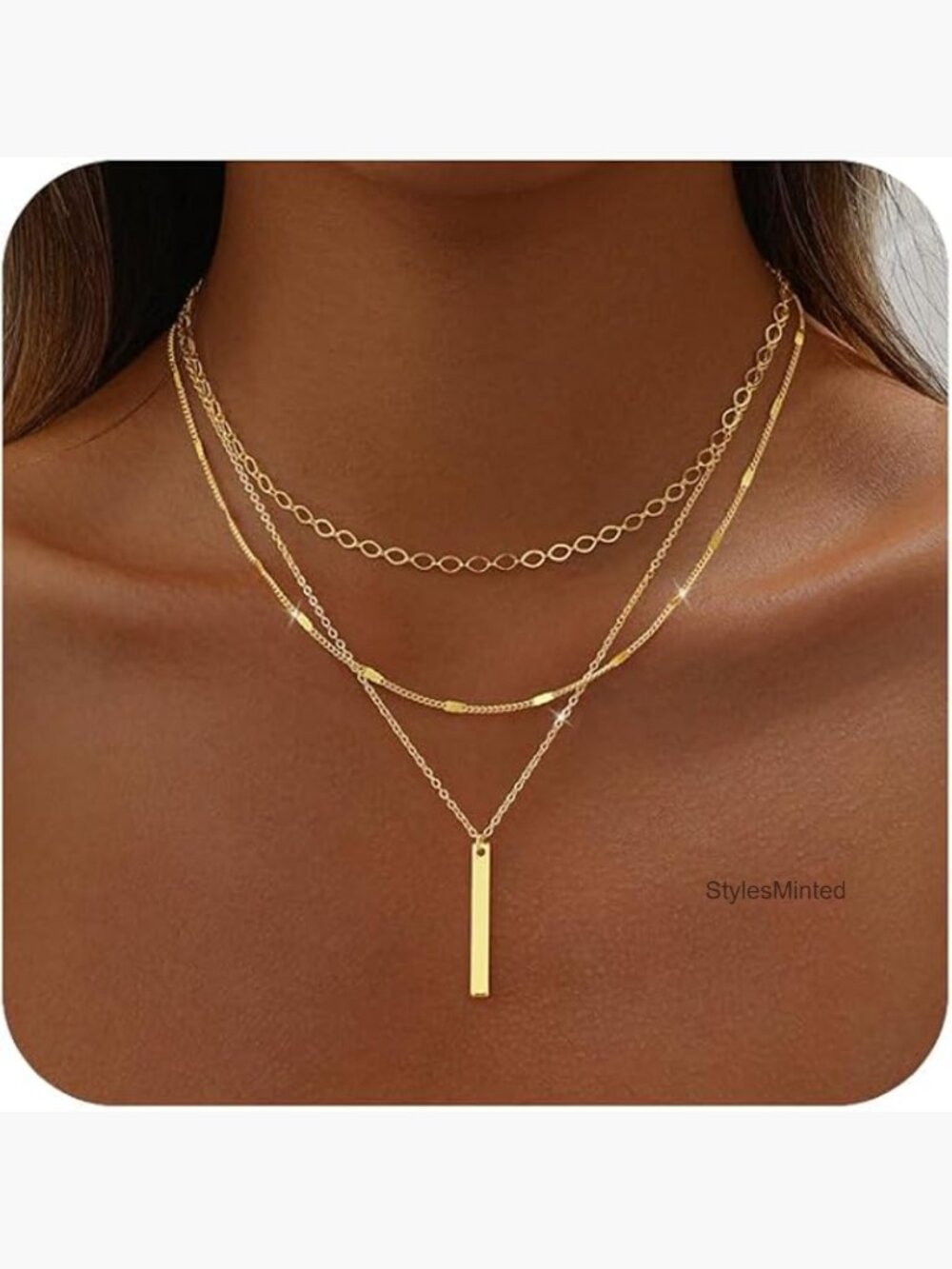 14K Gold Plated Layered Cross Bar Necklace Set 14-18in